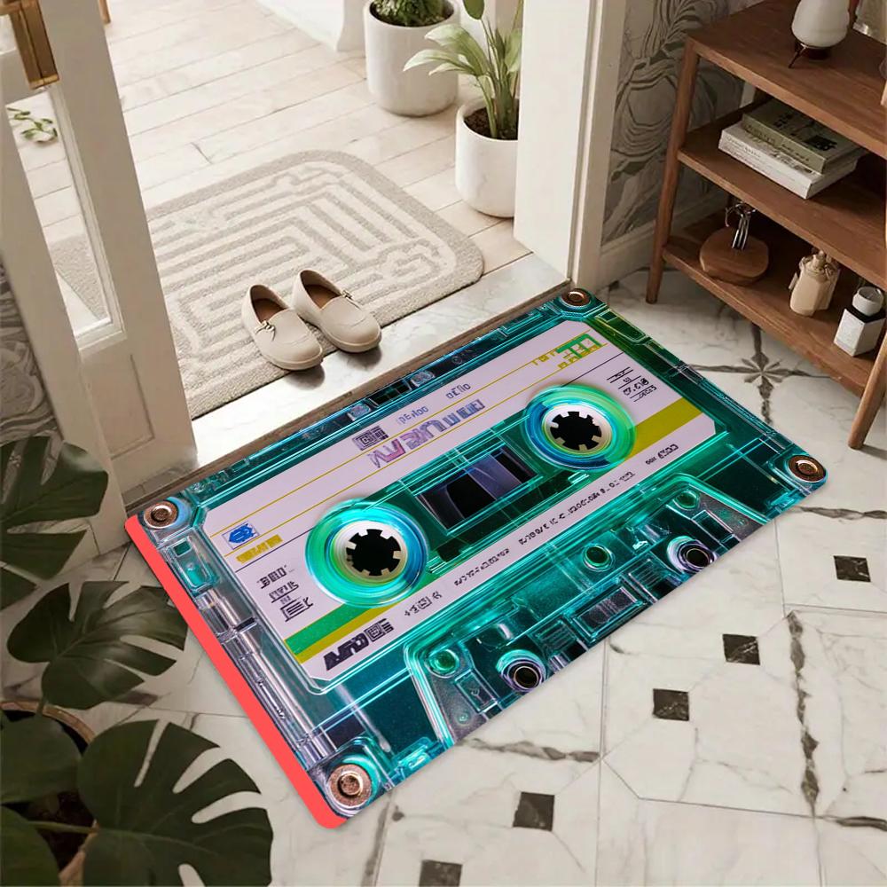 Vintage Cassette Tape Area Rug Retro Music Themed Design with Golden Details Nostalgic Retro Home Decoration Carpet