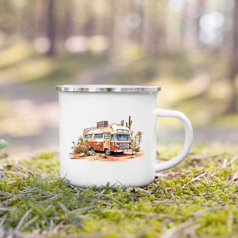 Adventure Day Caravan Printed Camper Mugs Camping Enamel Mug Campfire Party Beer Juice Cup Mountain Handle Cups Gifts for Camper