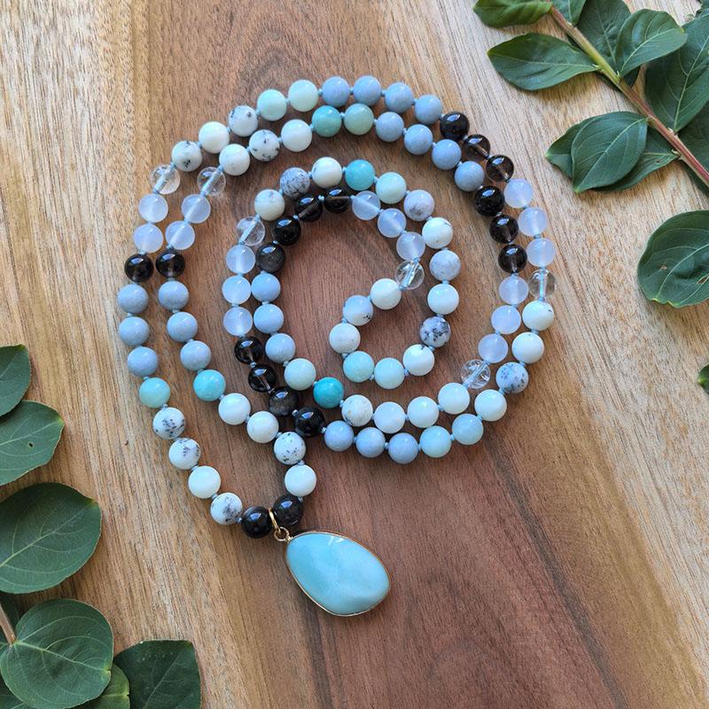 Smokey Quartz,White Onyx,Angelite,Amazonite,108 Beads HandKnotted Mala Necklace,Meditation Healing Crystal,Yoga Jewelry Gift