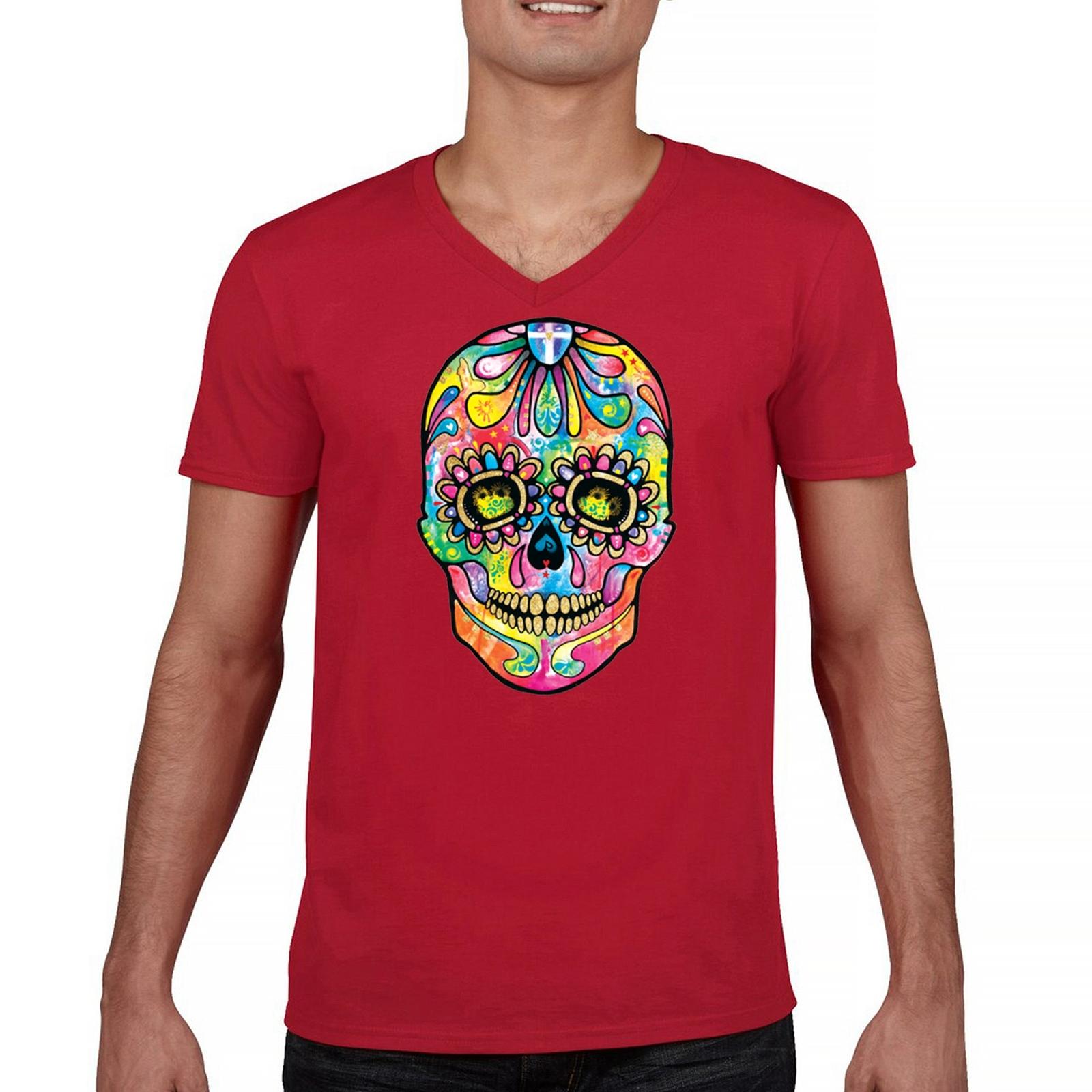 Dean Russo Sugar Skull V-Neck T-shirt Day of the Dead Neon Calavera Tee S