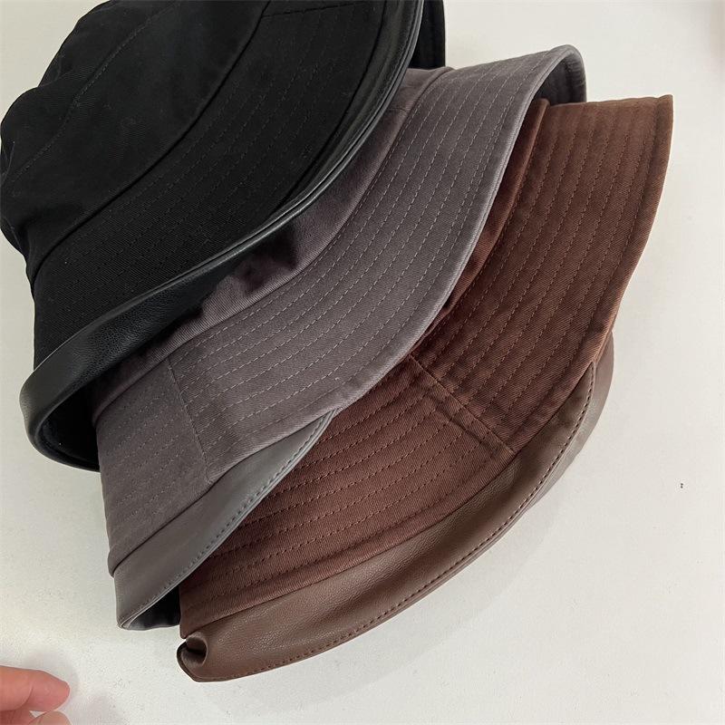 Autumn and Winter Anti-ultraviolet Solid Color Splicing Bucket Hat Thick Cotton Leather Eaves Front Long Rear Short Basin Hat Curling Small Face Hat