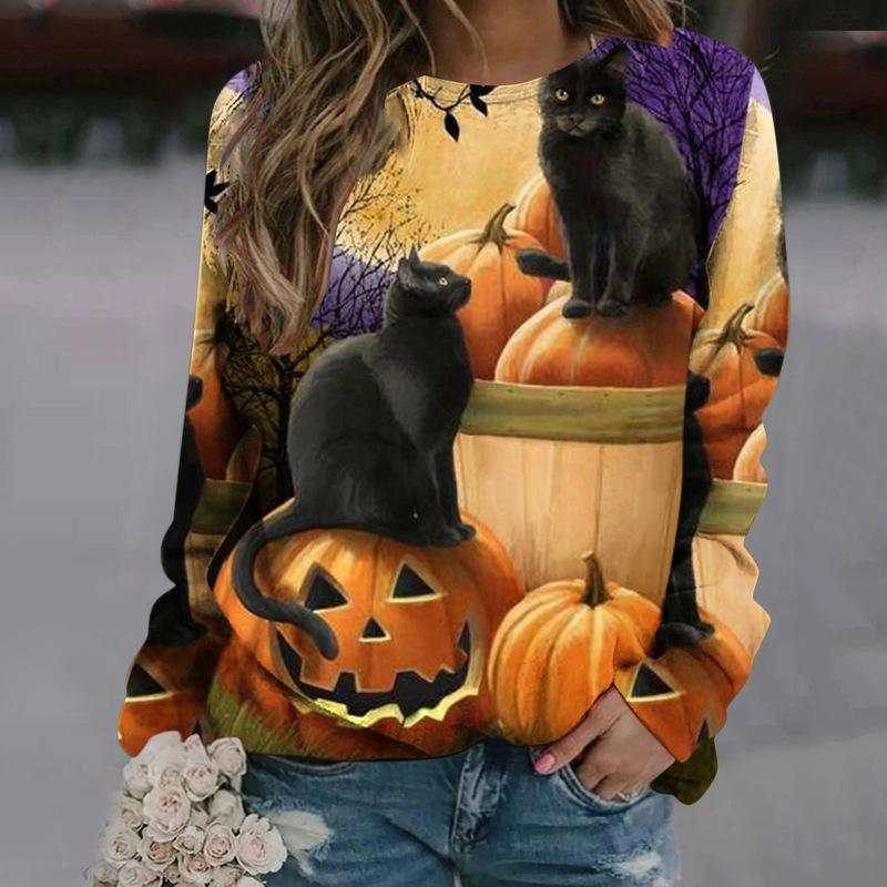 Autumn 3D Halloween Black Cat & Pumpkin Printed Sweatshirts Fashionable Casual Sports Long Sleeved Women's Hooded Sweatshirts
