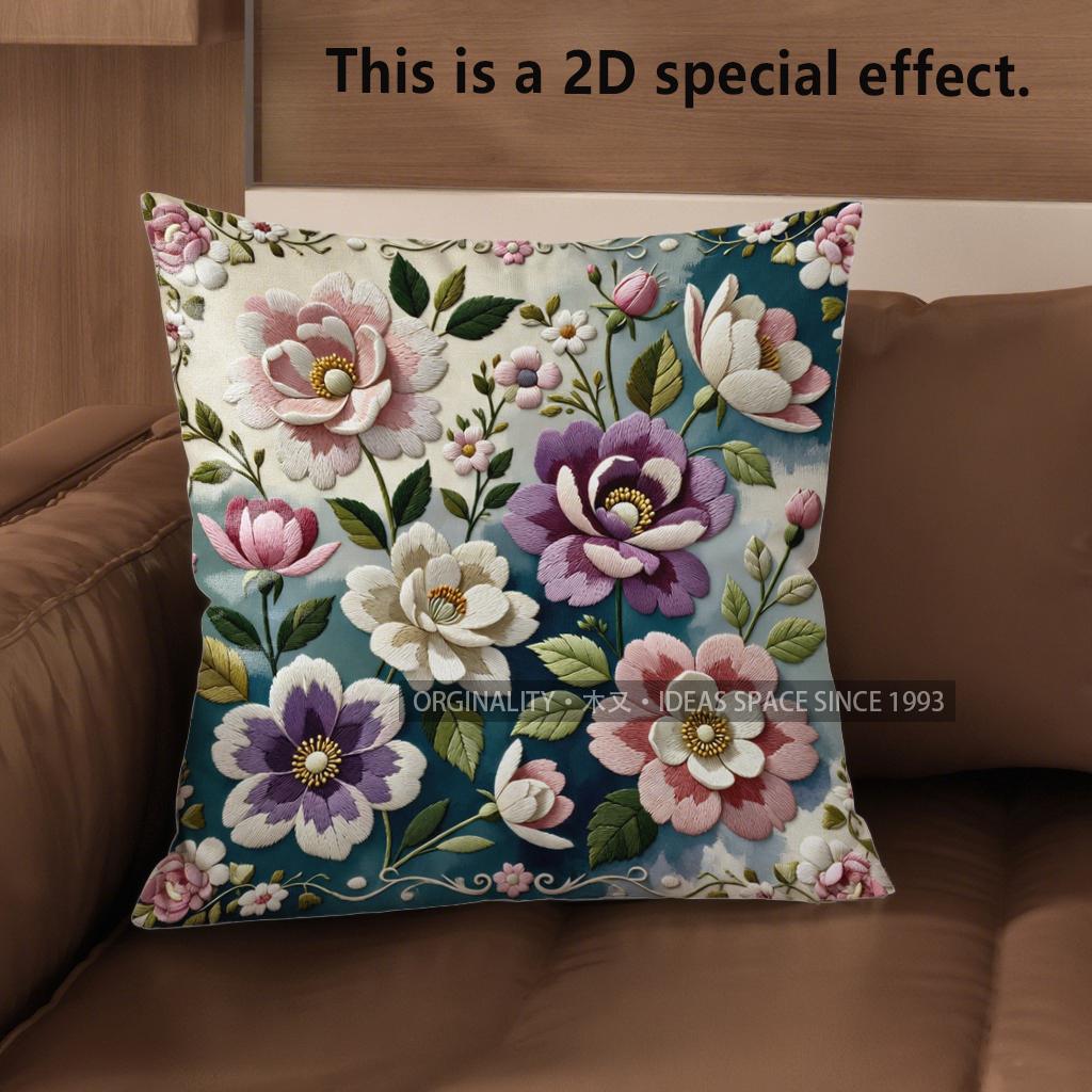 2D Vintage Floral Embroidery Style Throw Pillow Covers Pattern Cushion Cover Suitable For Sofa Bedroom Car Pillow Cover