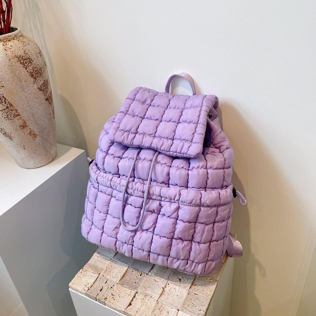 Schoolbag Down Backpack Women's New Commuter Travel Large Capacity Backpack Light Fluffy Plaid Casual Korean Bag
