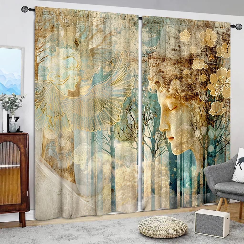 2pcs Character Watercolor Painting Printed Curtain for Home Decor - Rod Pocket Window Treatment for Bedroom Office Kitchen