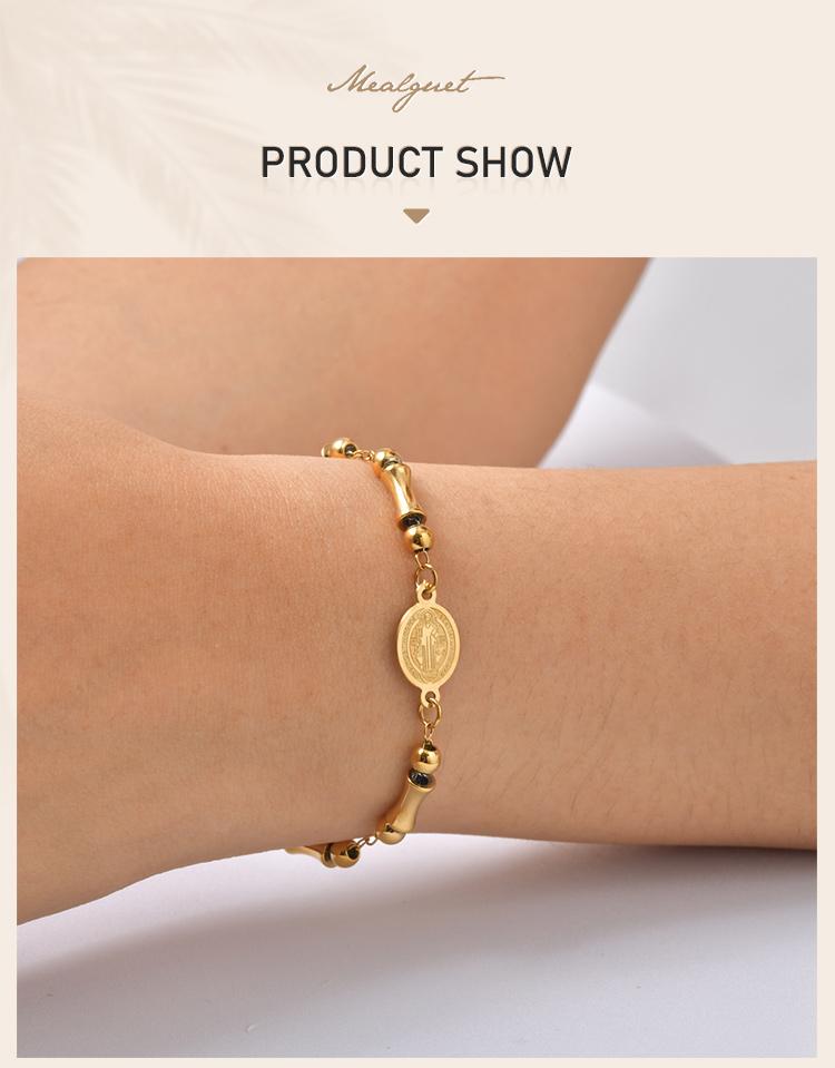 Saint Benedict Rosary Bracelet Bamboo Bead Design 18K Gold Plated Stainless Steel Cross Adjustable Catholic Jewelry