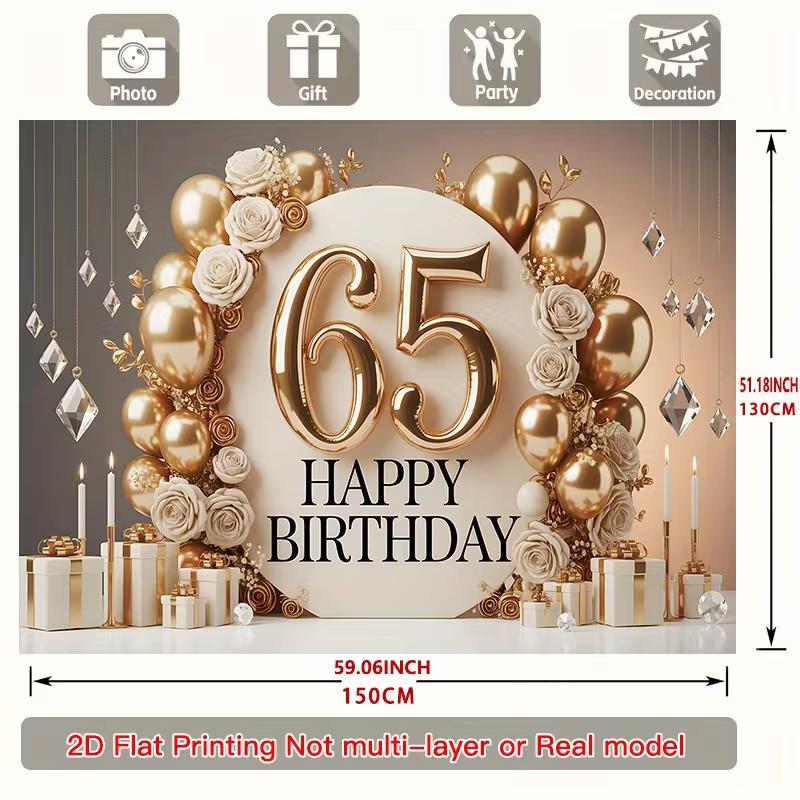 Sfondo Floreale Bianco Oro 2D per il 65° Compleanno - Elegante Banner di Sfondo per la Celebrazione del 65° Compleanno