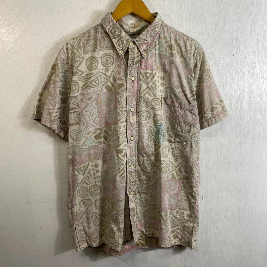 Used 90s Reyn Spooner Hawaiian Shirt Aloha Short Sleeve BD Reverse Print Inside Out All Over Pattern Ethnic Pattern Tribal Old Clothes VINTAGE Beige