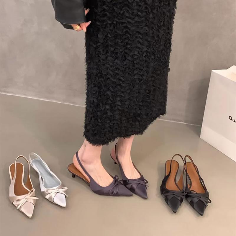 2025 Comfort Shoes for Women Sandals Stiletto Heels Bow Tie Summer New Female Purple Large Size New Low Heels Pointed Toe Shoes