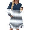 Women's Long Sleeve Pleated Round Neck Plaid Stripe Print Casual Dress With Pockets