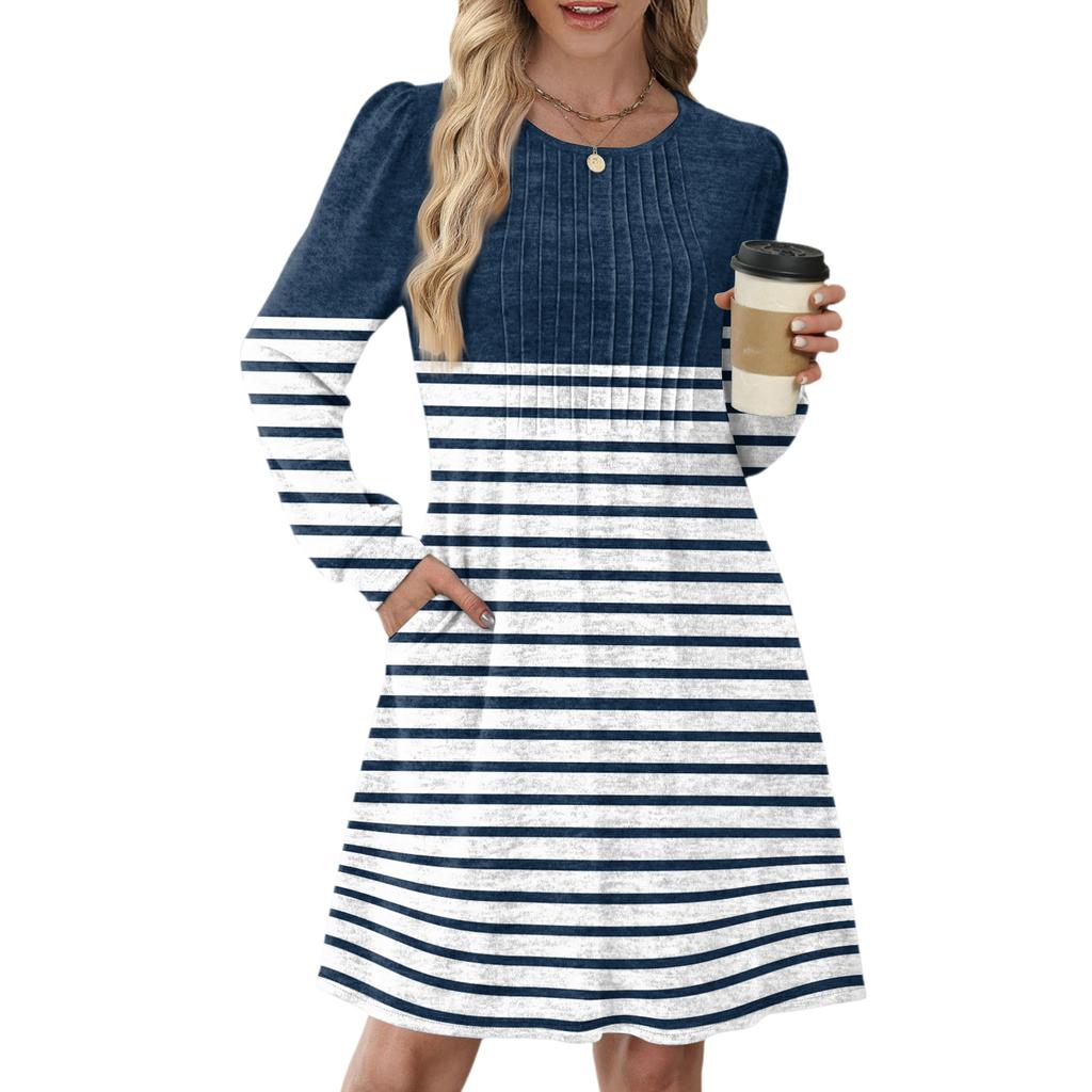 Women's Long Sleeve Pleated Round Neck Plaid Stripe Print Casual Dress With Pockets