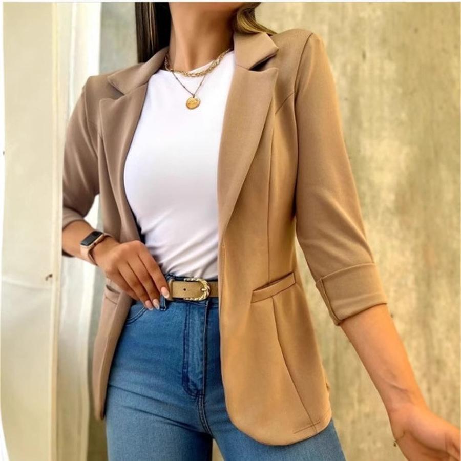 Nuova Giacca Blazer Semplice a Manica Lunga Monocolore Autunnale da Donna