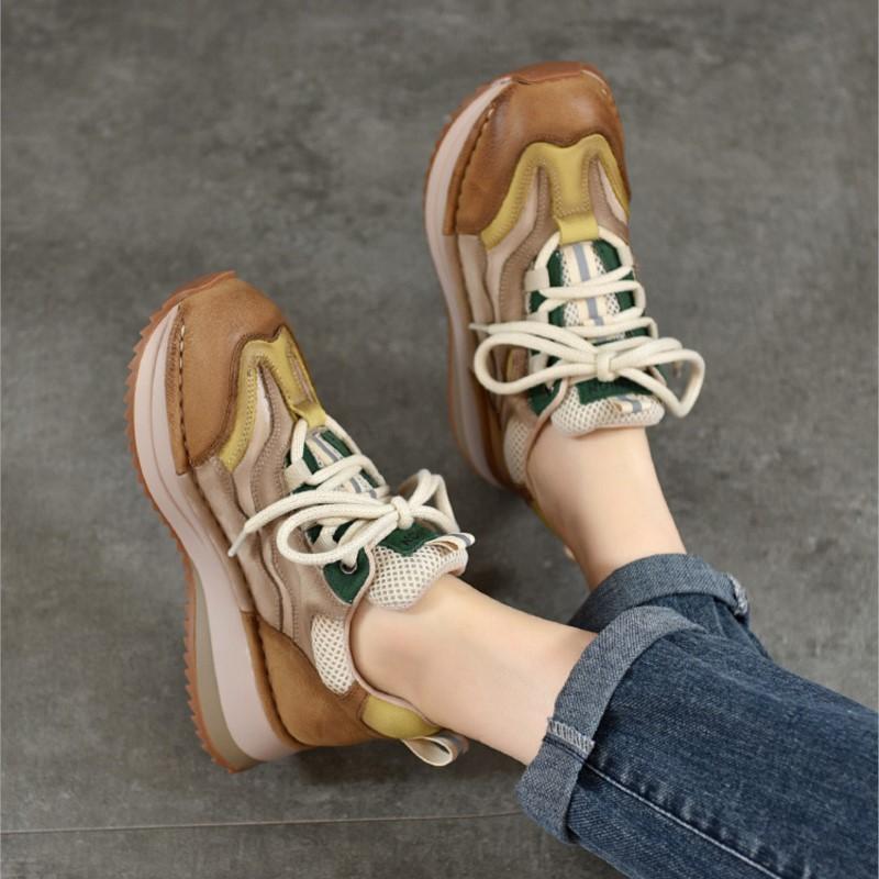 Johnature Genuine Leather Casual Sports Lace Up Anti Slip Women's Shoes Retro Mixed Colors Thick Soled Sneakers