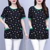 Female Clothing Casual Printed T-shirt Stylish Contrasting Colors Pockets Spliced 2024 Summer Loose Commute Round Neck Pullovers