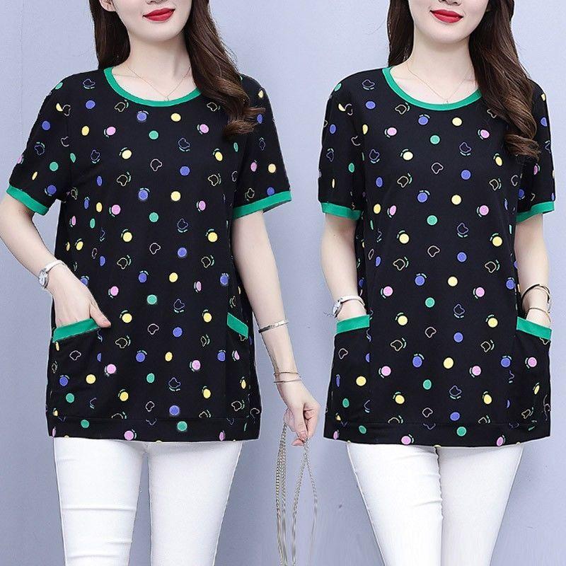 Female Clothing Casual Printed T-shirt Stylish Contrasting Colors Pockets Spliced 2024 Summer Loose Commute Round Neck Pullovers
