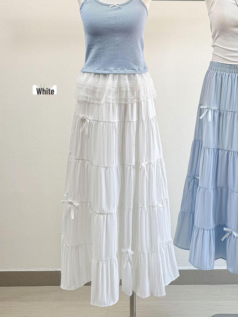 White Bow High-Waist A-Line Skirt - Slimming Mid-Length Drape