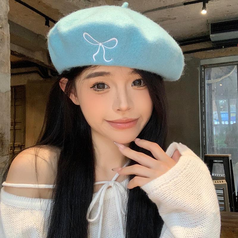 Chic Korean Inspired Bow Embroidery Wool Beret Hat For Women With Warmth Cozy