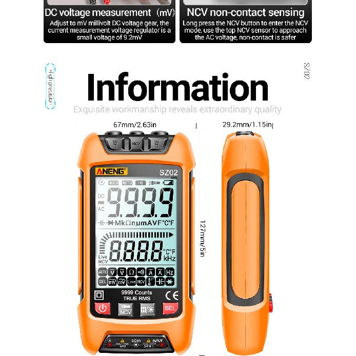 ANENG SZ02 Smart Digital Multimeter 9999 Counts True RMS Auto Electrical Capacitance Meter Temp Resistance Transistor Testers