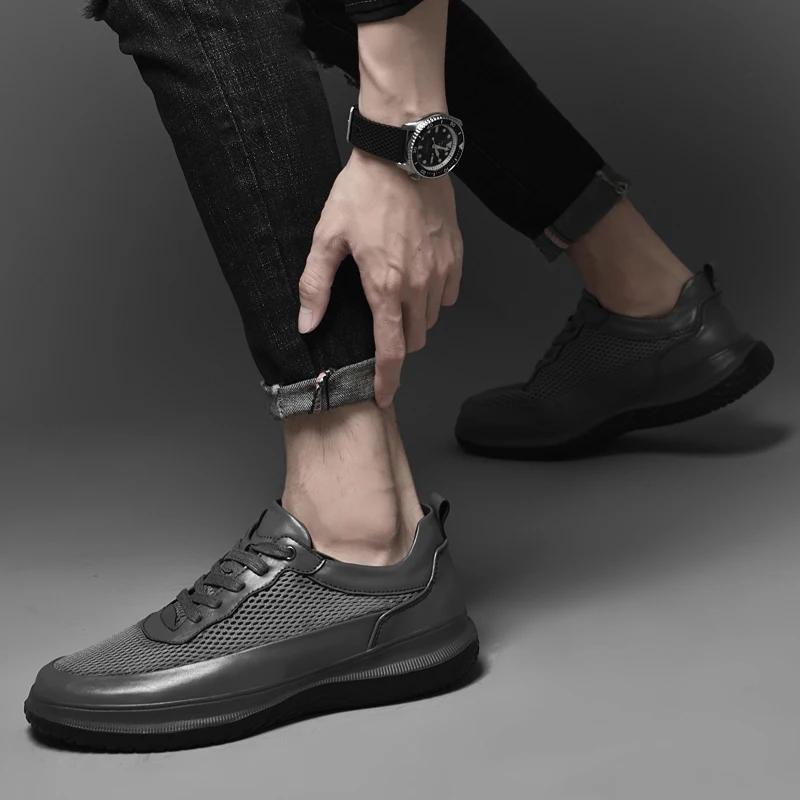 All-match Male Lace-Up Casual Shoes 2024 Lightweight Mens Sneakers Men Genuine Leather Fashion Walking Shoes New Skate Shoes Men