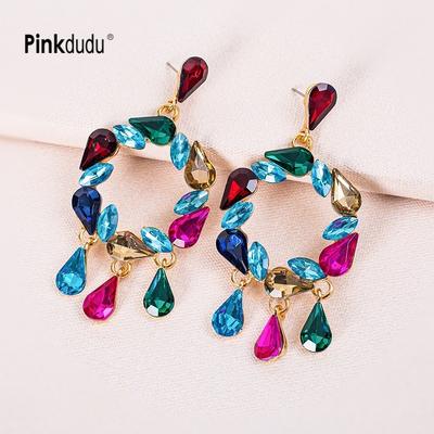 Sparkling Dual Element Earrings  Alloy Hoop with Dangling Teardrop Crystals Modern Geometric Jewelry  PD897