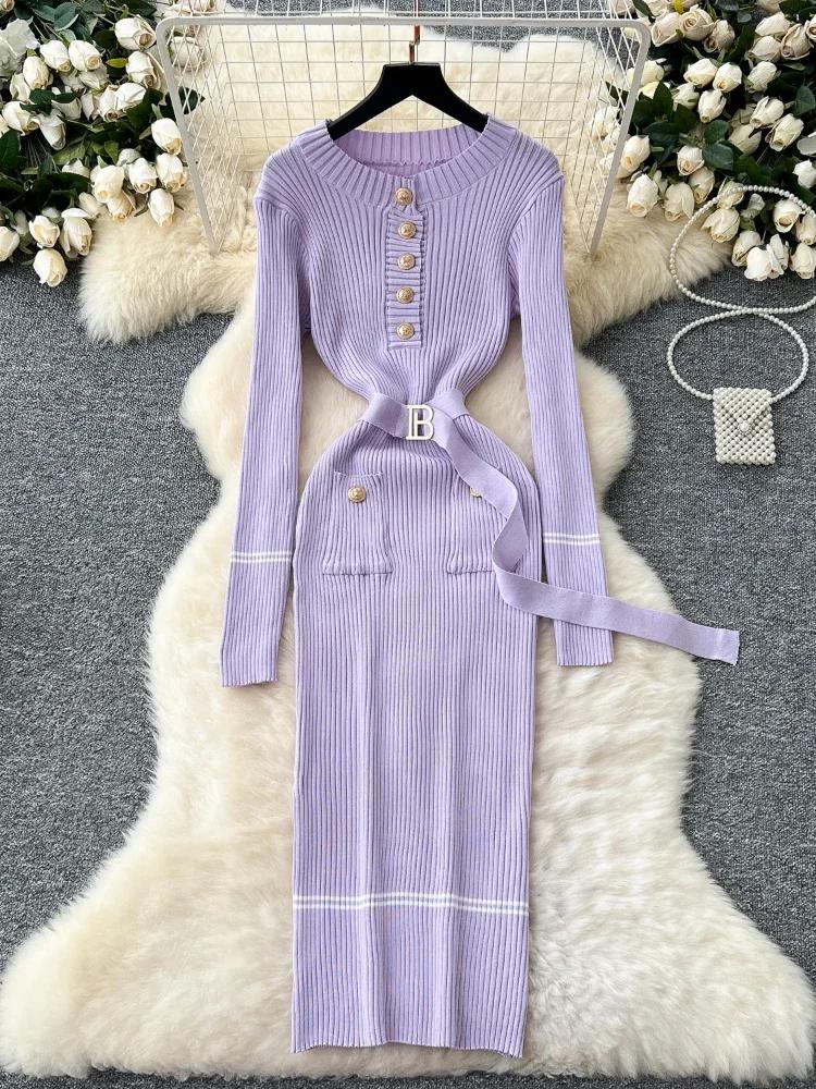 Autumn Korean Fashion Classy Sweater Dress Women Metal Breasted Belt Bodycon Long Dress Female Design Outdoor Knitted Clothing
