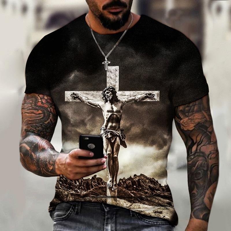 

Men s Summer 3D Digital Printed Cross Round Neck Short Sleeved T-shirt 6xl темно-сірий