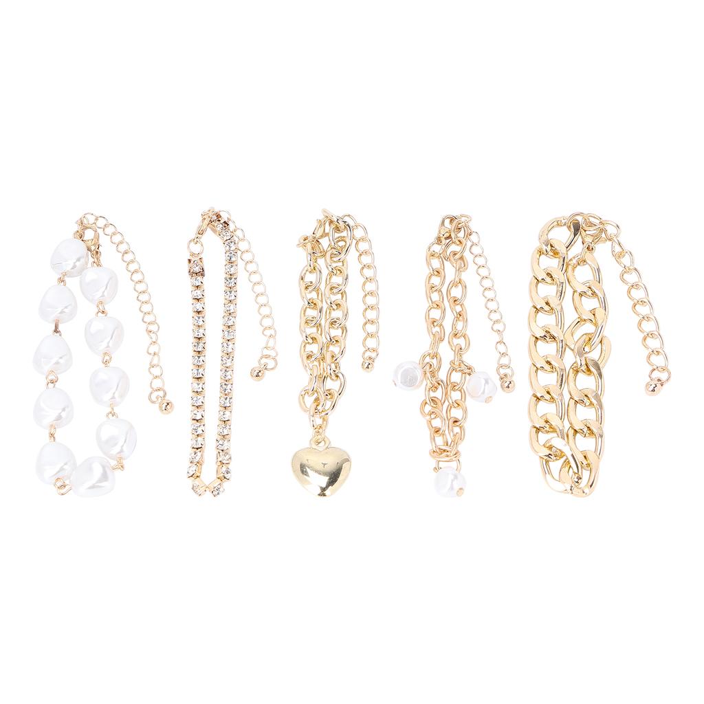 5pcs Elegant Bracelet Set Imitation Pearls Heart Alloy Fashionable Hip Hop Bracelet
