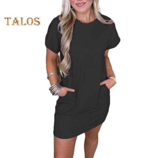 Dámské šaty s krátkým rukávem, ležérní mini šaty s kulatým výstřihem a kapsami, letní mini šaty áčkového střihu