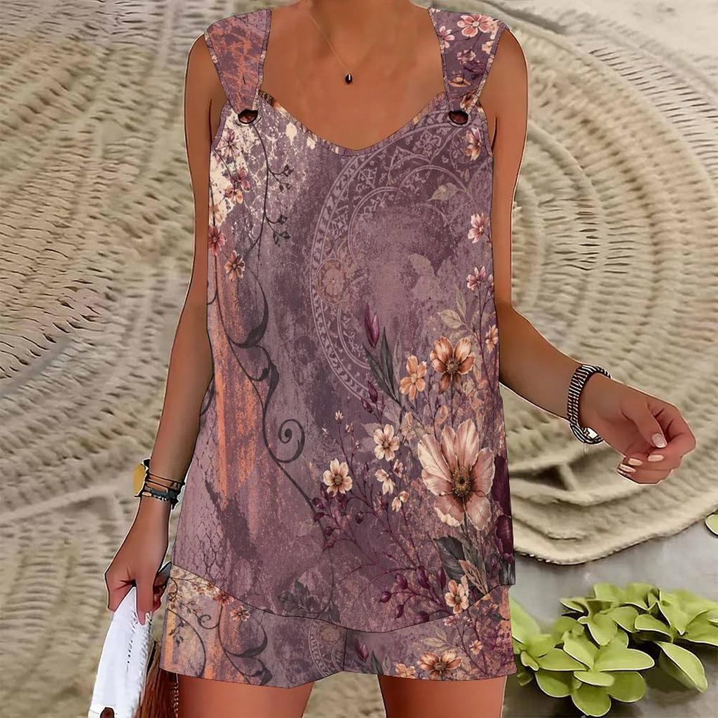 Women Plus Size Floral Printed Ring Strap Sleeveless Curved Hem Tank Top Pocket Shorts Two Piece Set