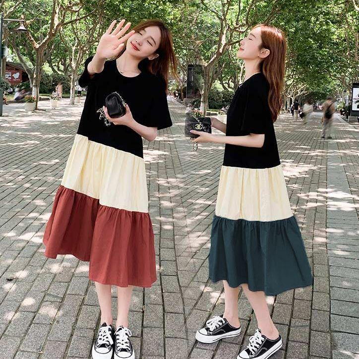 Women's Maternity Summer Color Block T-Shirt Dress Short Sleeve Loose Oversized Casual Over The Knee Midi Pregnancy Dress