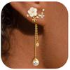 Delicate Flower Design Dangle Earrings With Simulated Pearls Chain Bridal Jewelry Glossy Gold or Silver Finish