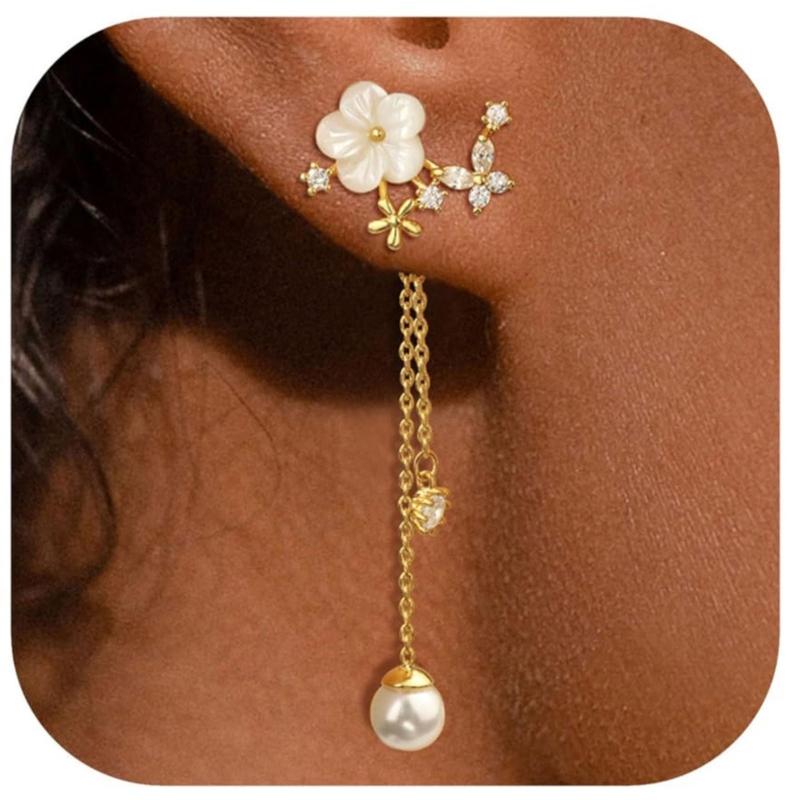 Delicate Flower Design Dangle Earrings With Simulated Pearls Chain Bridal Jewelry Glossy Gold or Silver Finish