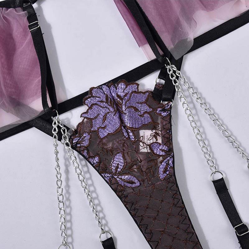 TERMEZY Sexy Lace Lingerie French Thin Transparent Underwear Female Embroidery Brassiere 3-Piece Exotic Bra and Garter Thong Sets