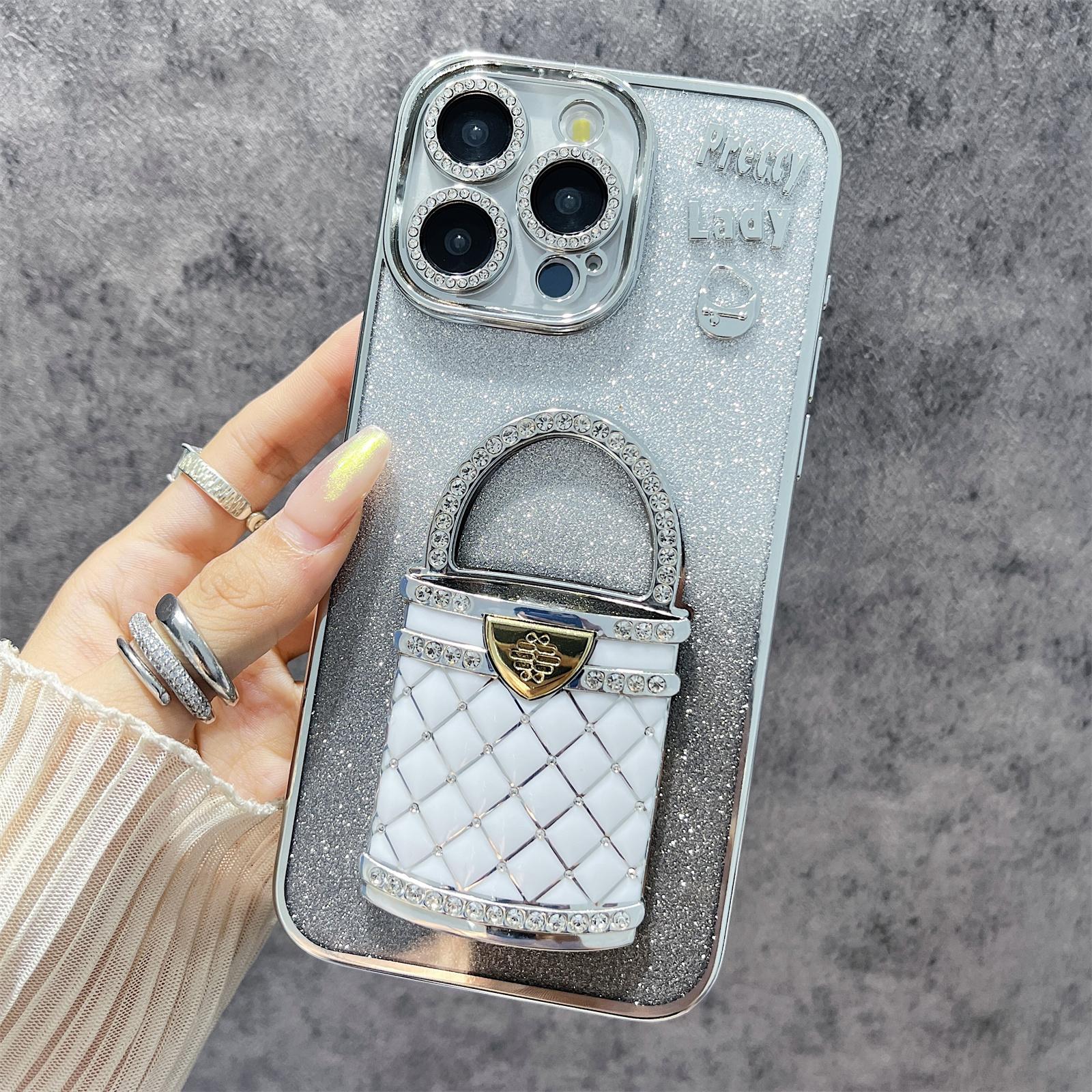 

For iPhone 16 Pro Case Mirror Kickstand TPU+PC Gradient Glitter Phone Cover Silver