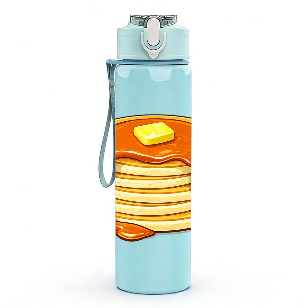 1PC Stack Pancake Butter Breakfast Print 750ml Color Plastic Sports Water Bottle Leakproof Flip Straw Lid Suitable for Sports Office Home Use