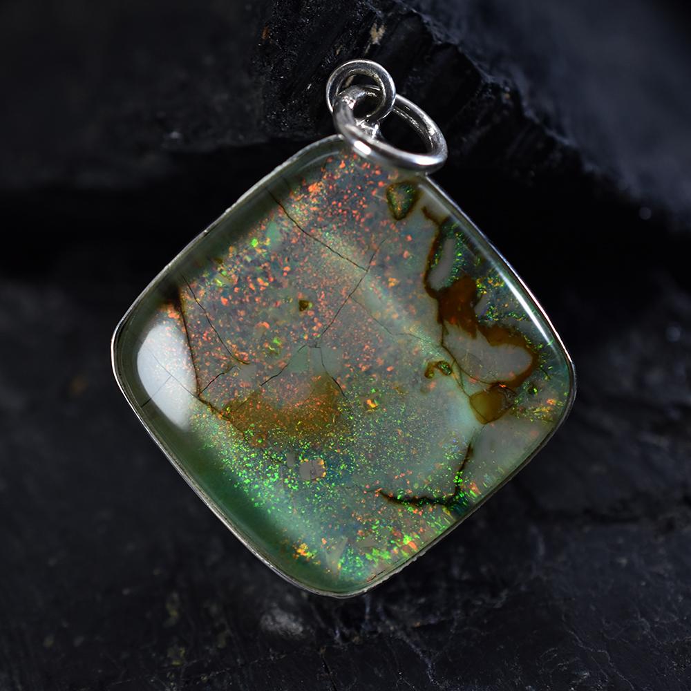 Natural Opal Pendant Multi Color 54 ct 925 Sterling Silver Cushion October Birthday Birthstone