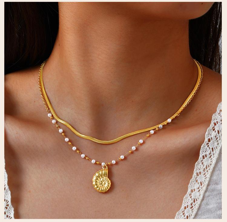 Double Layered Beads Chain Starfish Pendants Ocean Conch Pendant Necklace, Stainless Steel Summer Waterproof Jewelry