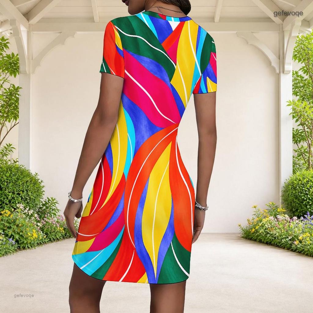 Women Plus Size Round Neck Short Sleeve Multicolor Printed Fitted Mini Dress
