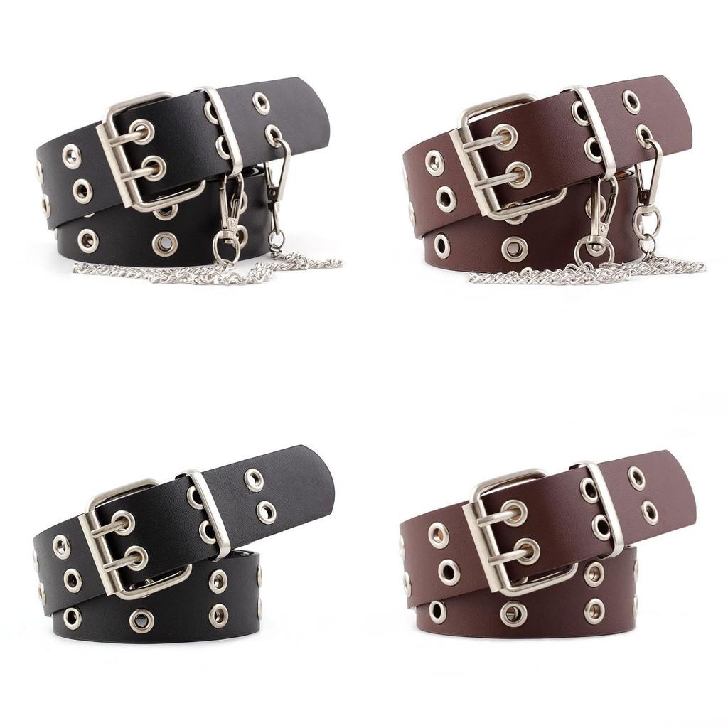 Fashionable Womens Faux Leather Belt With Chic Double Row Eyelets And Chain