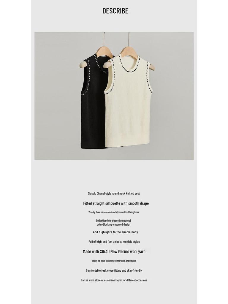 Women's 100% Merino Wool Knit Vest - Solid Color, Round Neck, Elegant & Casual Fit