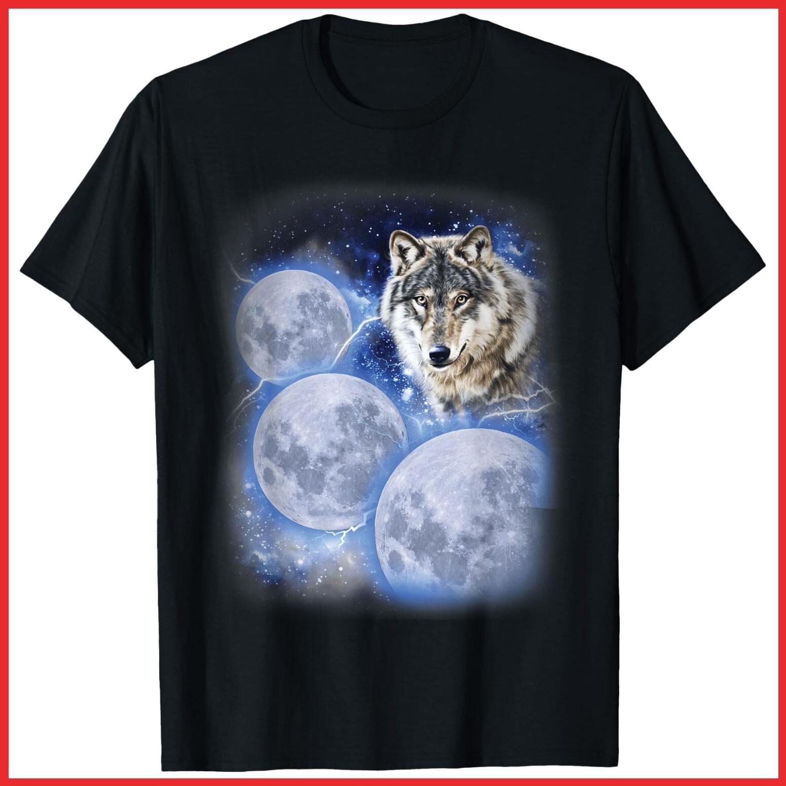 Three Moon Wolf 3 Moons Howling At Wolf Meme Black Cotton T-Shirt S-5XL XXL