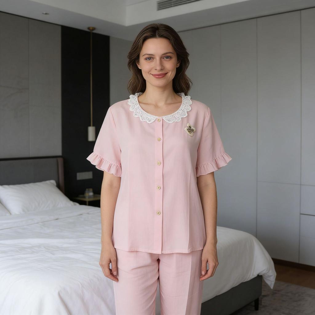 Sleepwear Women's Summer Lightweight Frilled Cardigan Short-sleeved Pants Set - Sweet and Loose, Suitable for Wearing Outside As A Home Outfit