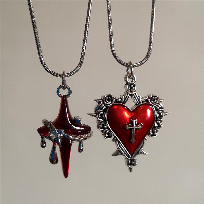 Gothic Trendy Y2K Red  Heart Cross StarPendent Snake Chain Choker Necklace For Women Men Punk Vintage Grunge Aesthetic Jewelry