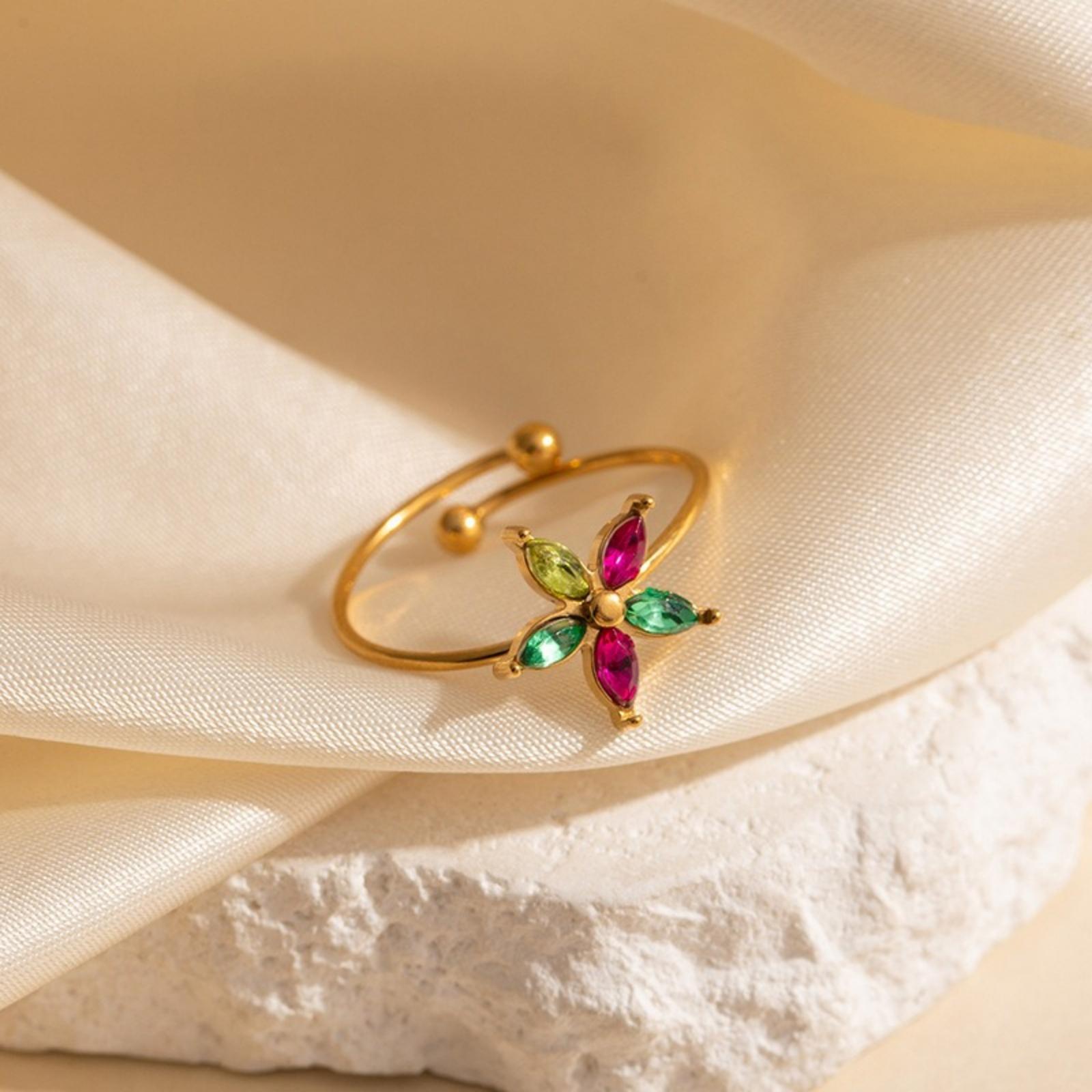 

Doreen Box 1pc Exquisite 18k Gold Plated Stainless Steel & Cubic Zirconia Open Adjustable Flower Rings For Women Gift 19.6mm разноцветный