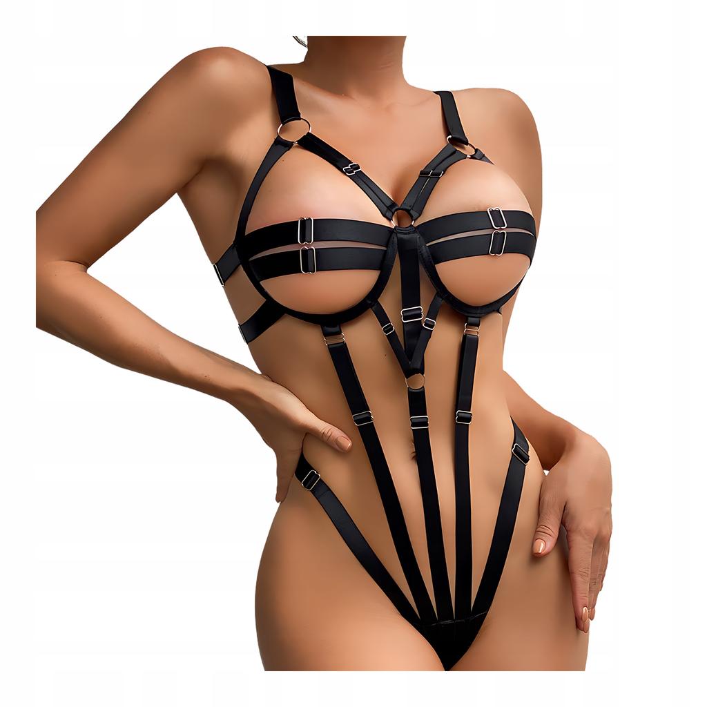 Black Erotic Bodysuit with Straps and Belt, Adjustable BDSM Thong SL