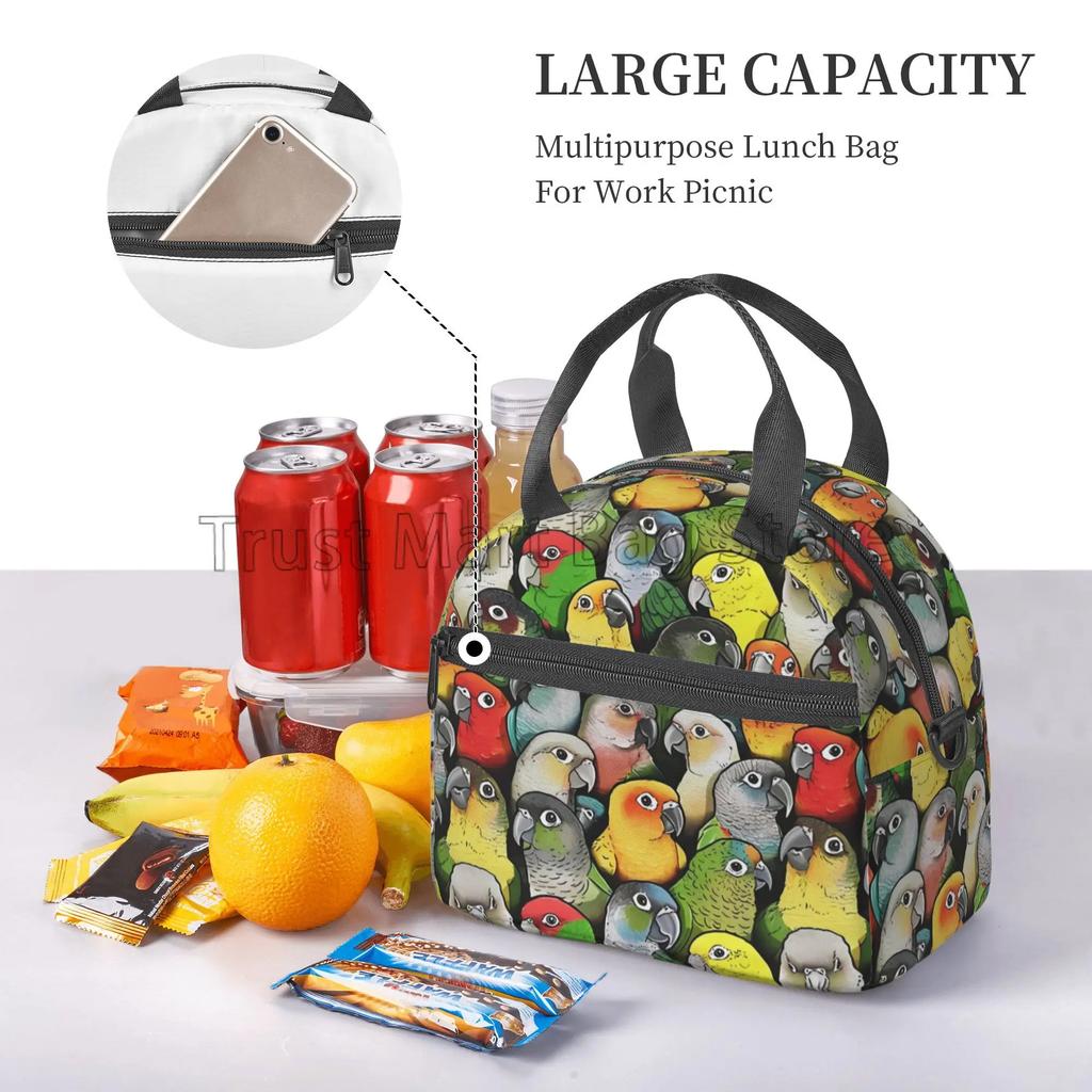 Cute Parrots Insulated Lunch Bag for Women Kids Reusable Portable Cooler Thermal Bento Tote Bags with Adjustable Shoulder Strap
