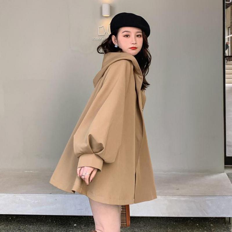 Trench coreano allentato autunnale con cintura con cappuccio Cappotto da donna nero