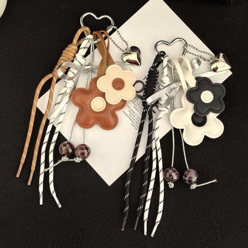 MIU Leather Flower Tassel Keychain with Beads - Korean Style Keychain Charm