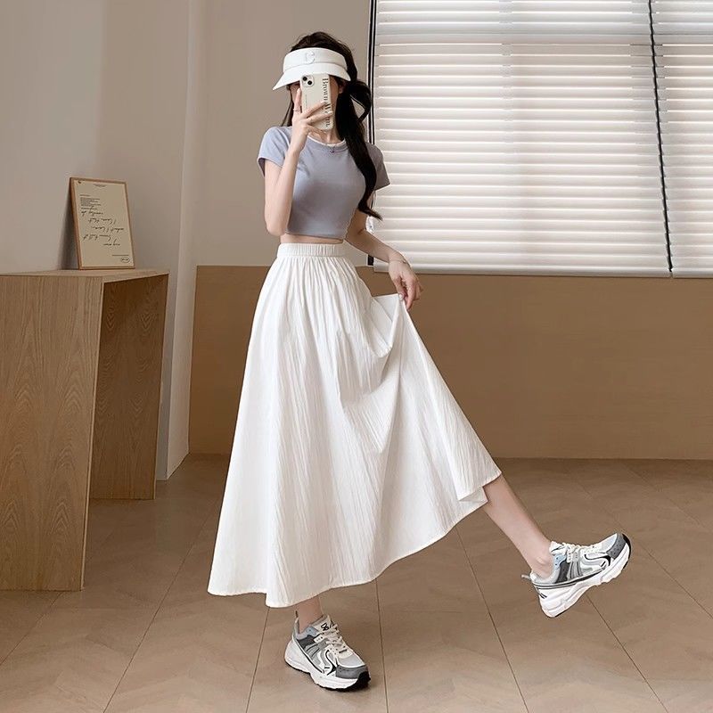 Women's Solid Color High-Waist Elastic Waist Slim-Fit Casual Midi Skirt - Versatile All-Match for Spring/Autumn