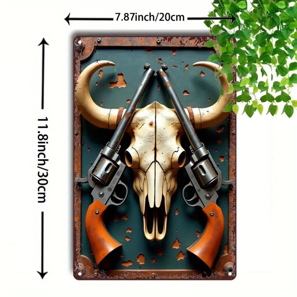 Stylish Rustic Metal Sign Featuring Cowboy Skull and Revolvers Vintage Charm To Elevate Garden Party and Bar Interiors